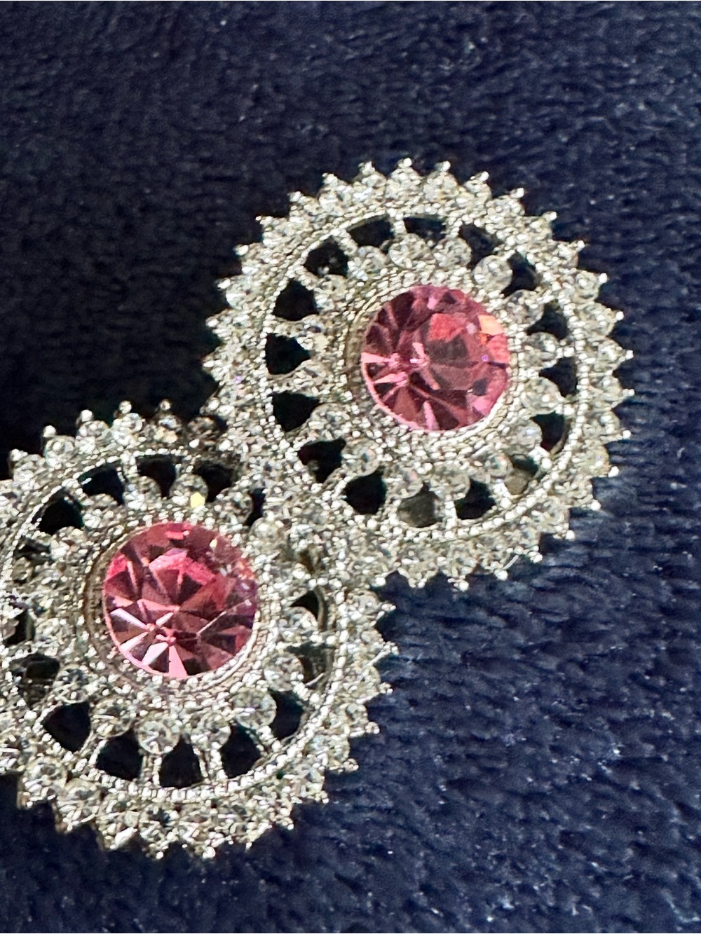 Pink Crystal Circular Earrings - Silver Tone clip on